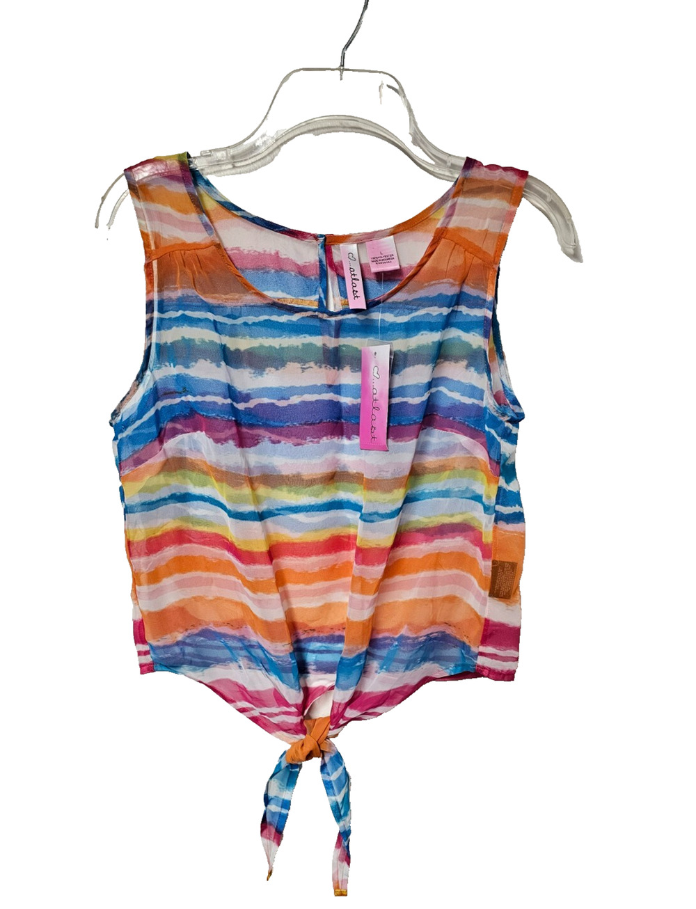 Y2k Rainbow Sheer Rainbow Striped Blouse Sz L Cropped Tie Front Festival NWT